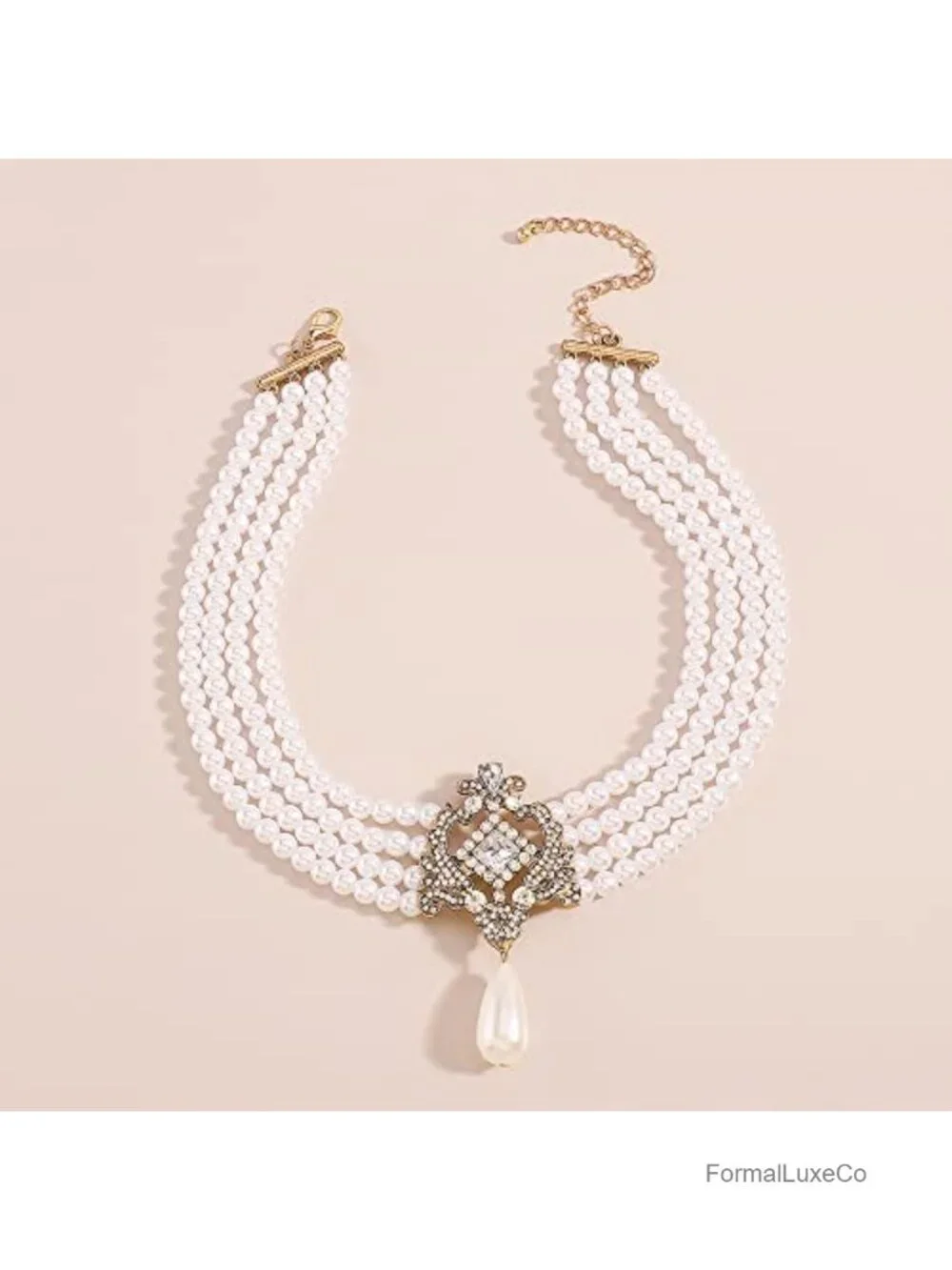 Vintage 1920s Bridal Choker Necklace Layered Tassels Rhinestone Pearl